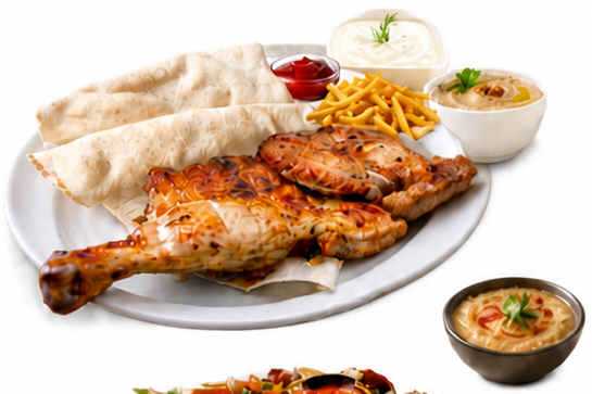 نصف دجاج مشوي عربي (خبز + بطاطس مقلية + تغميسة)